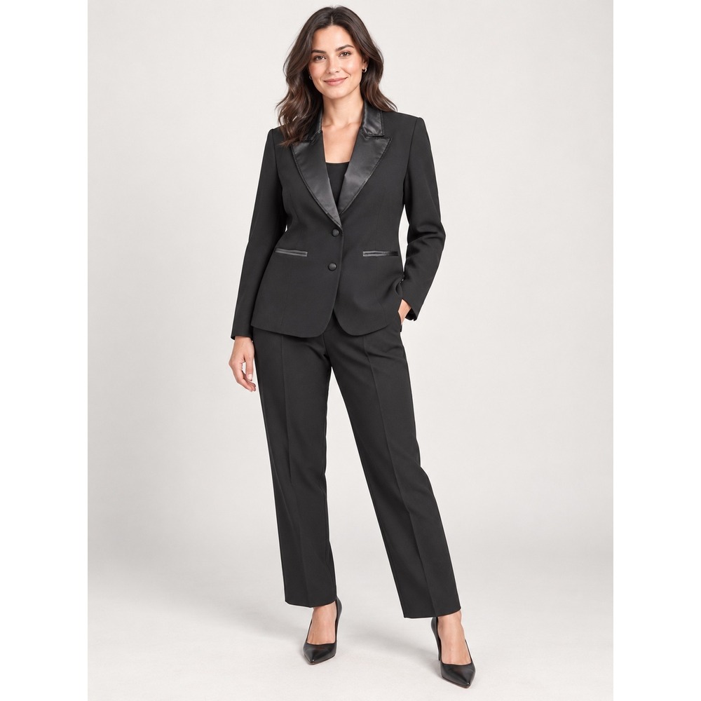 Studio I Petite Black Pant Suit 8P Satin Beaded Lapel Blazer Pleated Trousers